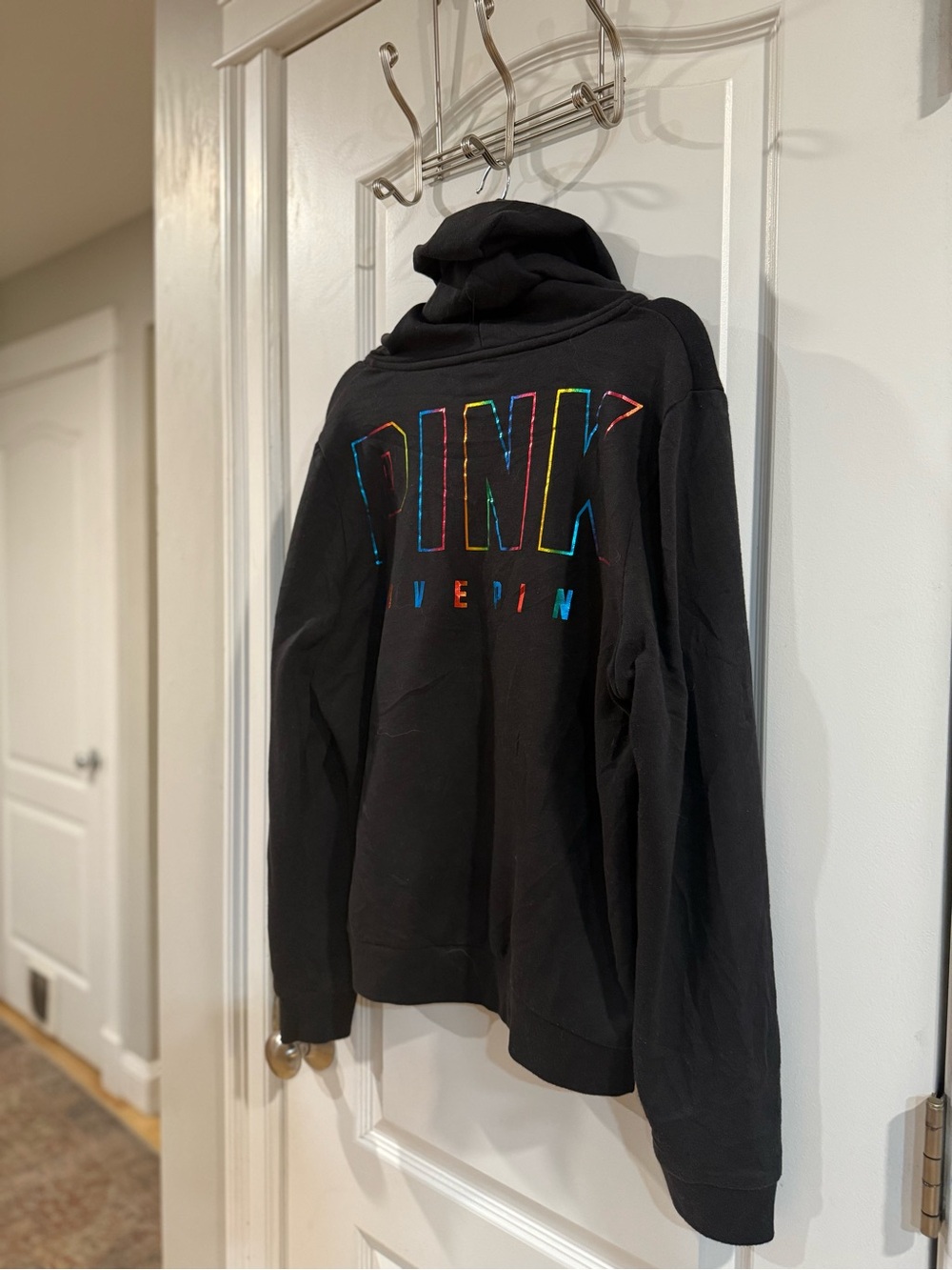 PINK Victoria's Secret Black Zip-Up Hoodie with Colorblock Logo - Picture 4 of 9